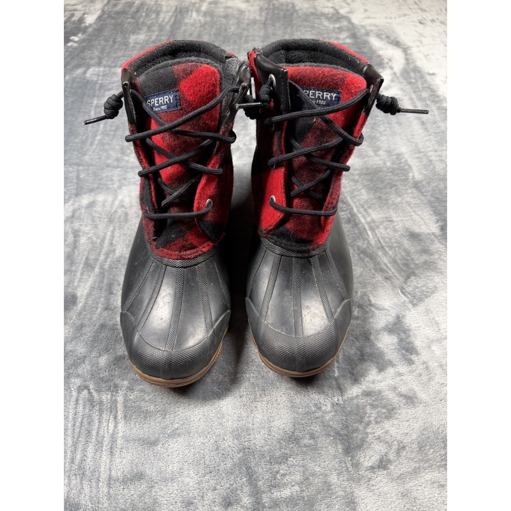 Sperry Saltwater Buffalo Plaid Duck Boots Women 7 Red Black Waterproof STS85076